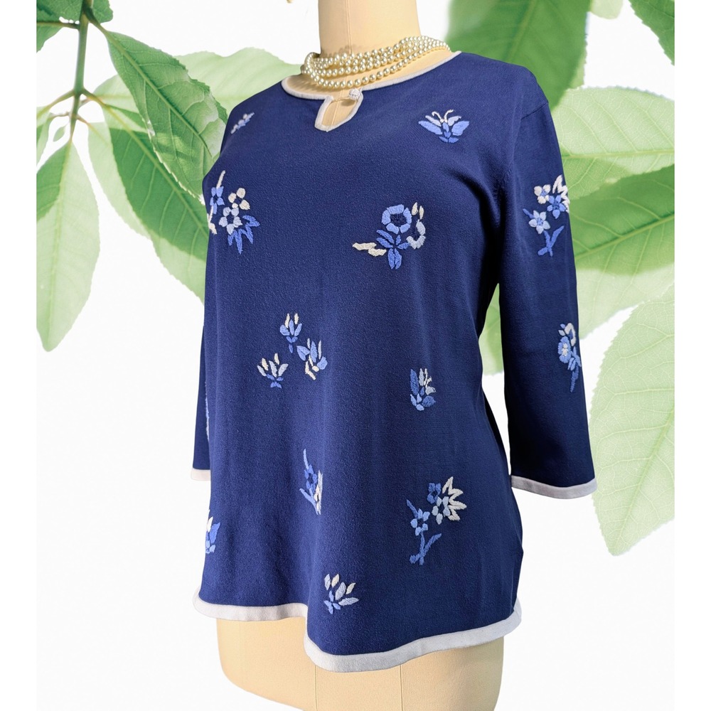 Jones‎ New York 3X Blue Elegant Floral Embroidered Knit Top 100% cotton lgt navy